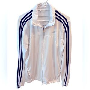 White with Black Stripes Zippered Adidas Climalite Jacket with Pockets. Size =L